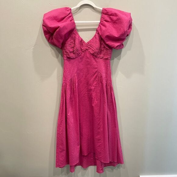 NWT Frame Puff Sleeve Cotton Midi Dress Fuchsia Pink - Size: Small - Picture 2 of 16